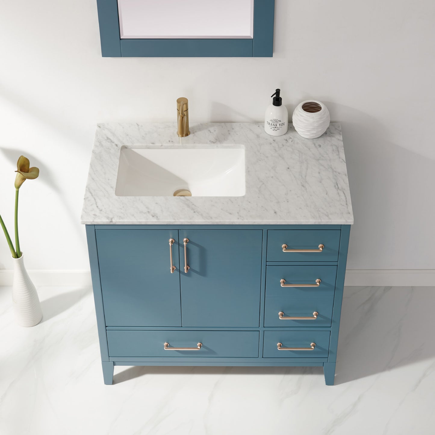 Sutton Single Bathroom Vanity Set in Gray and Carrara White Marble Countertop