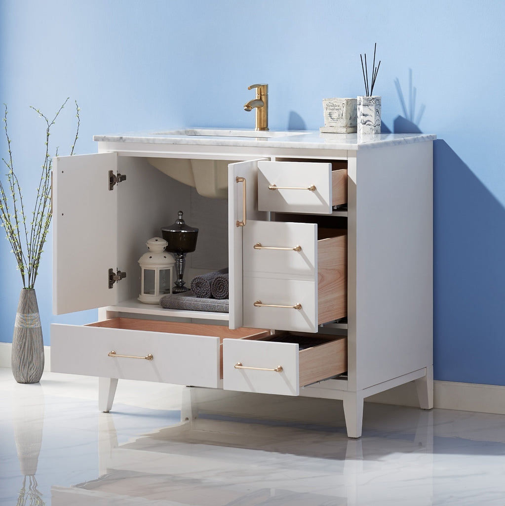 Sutton Single Bathroom Vanity Set in Gray and Carrara White Marble Countertop