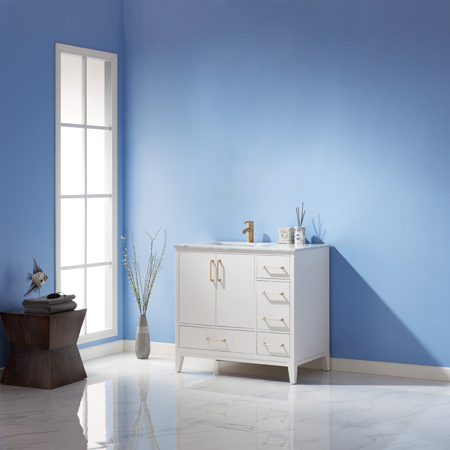 Sutton Single Bathroom Vanity Set in Gray and Carrara White Marble Countertop