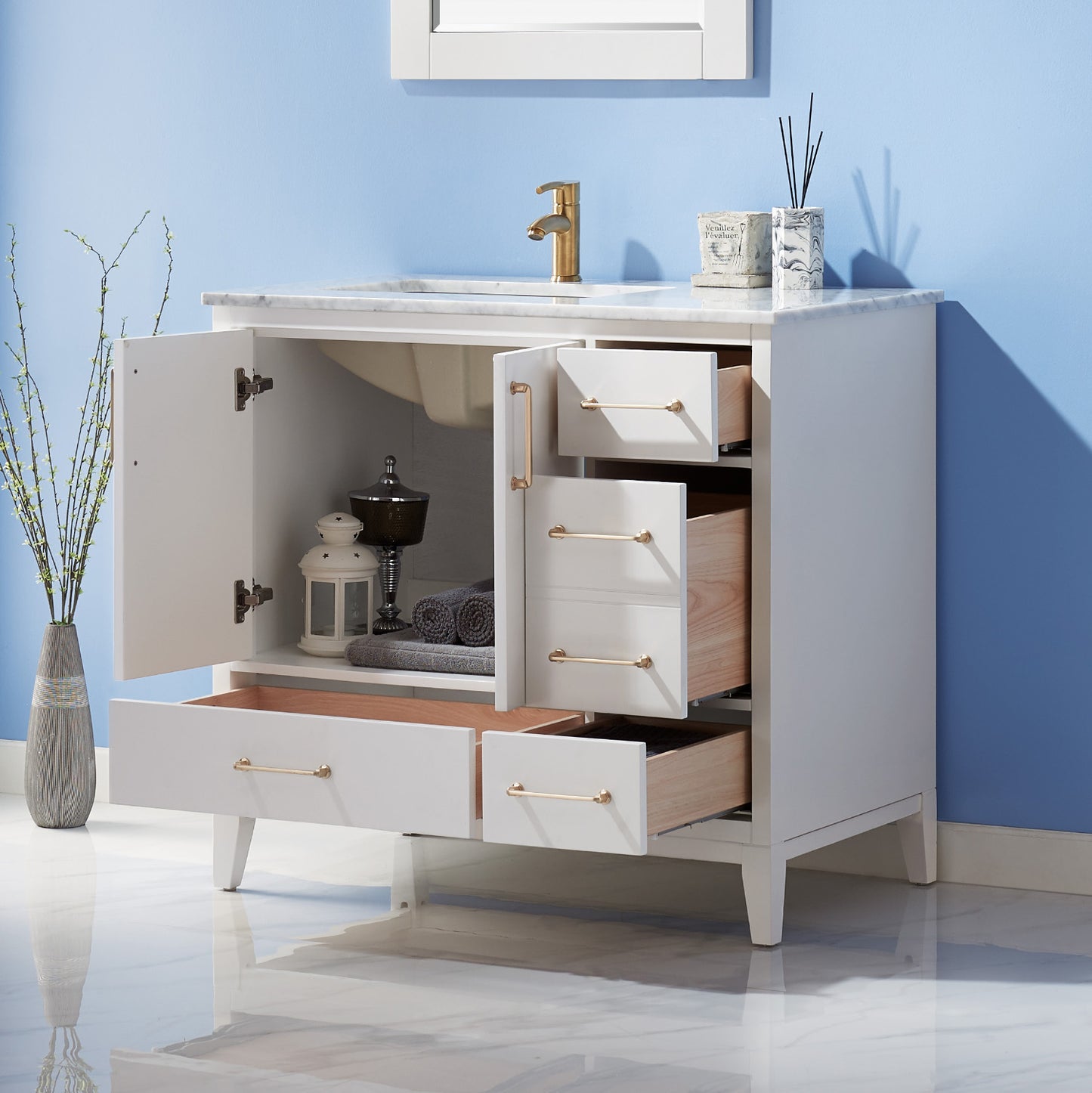 Sutton Single Bathroom Vanity Set in Gray and Carrara White Marble Countertop