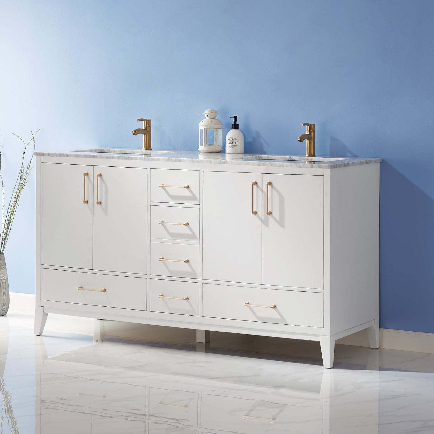 Sutton Double Bathroom Vanity Set in Gray and Carrara White Marble Countertop
