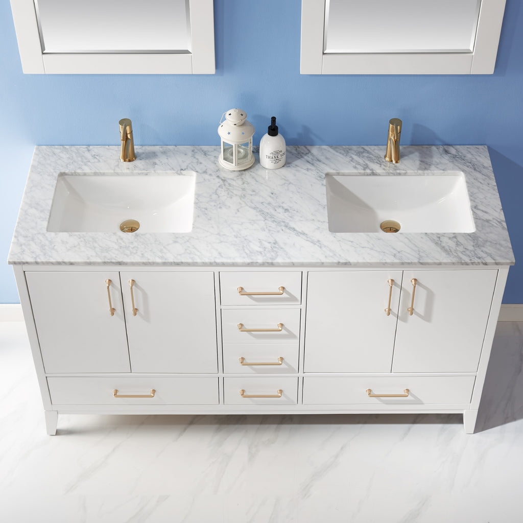 Sutton Double Bathroom Vanity Set in Gray and Carrara White Marble Countertop