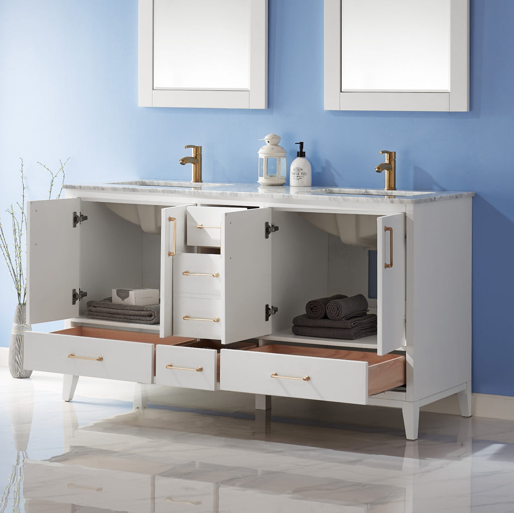 Sutton Double Bathroom Vanity Set in Gray and Carrara White Marble Countertop