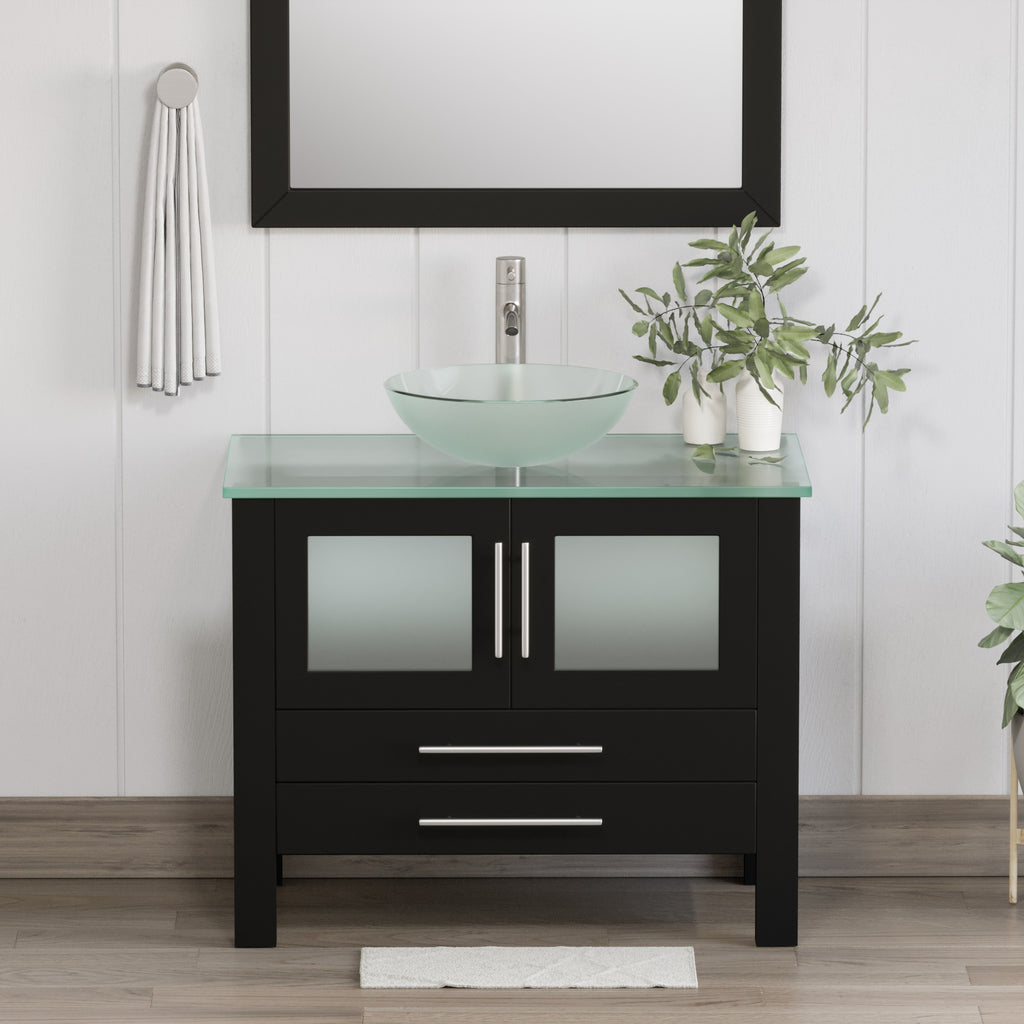 Complete 36 inch  Solid Wood  Vanity Set with Brushed Nickel Plumbing Tempered Glass Vessel Sink
