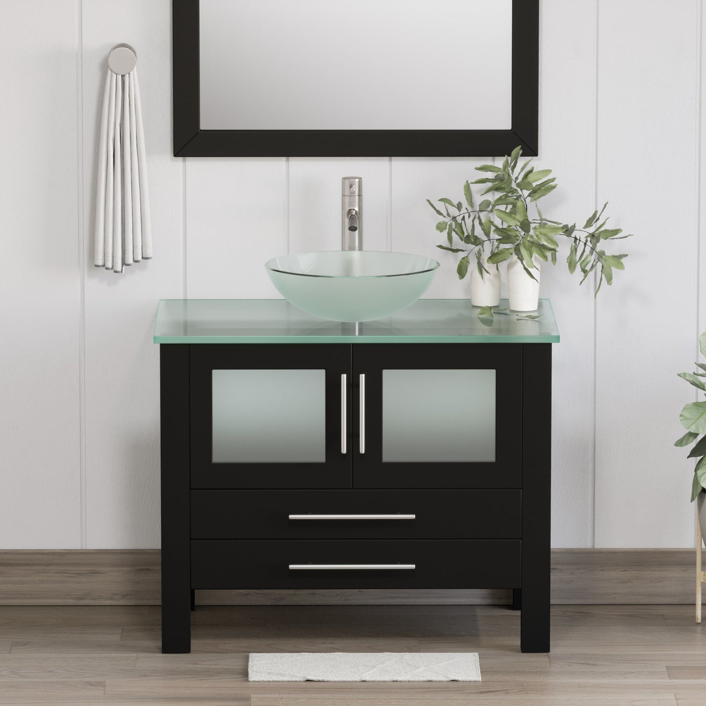 Complete 36 inch  Solid Wood  Vanity Set with Brushed Nickel Plumbing Tempered Glass Vessel Sink
