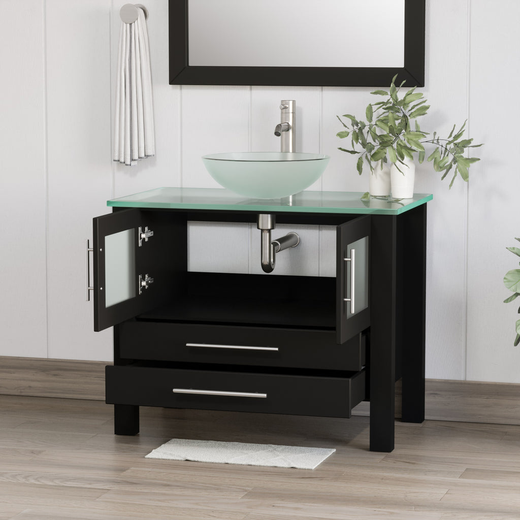 Complete 36 inch  Solid Wood  Vanity Set with Brushed Nickel Plumbing Tempered Glass Vessel Sink