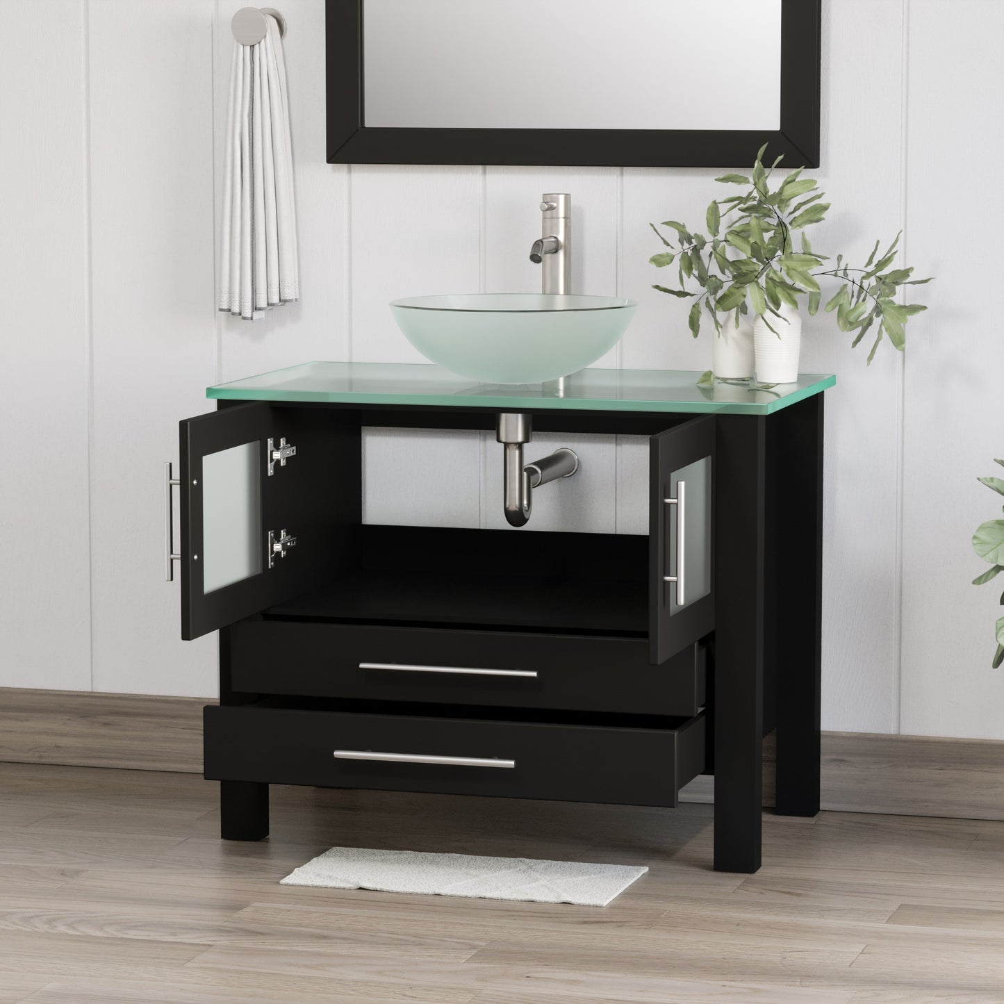 Complete 36 inch  Solid Wood  Vanity Set with Brushed Nickel Plumbing Tempered Glass Vessel Sink