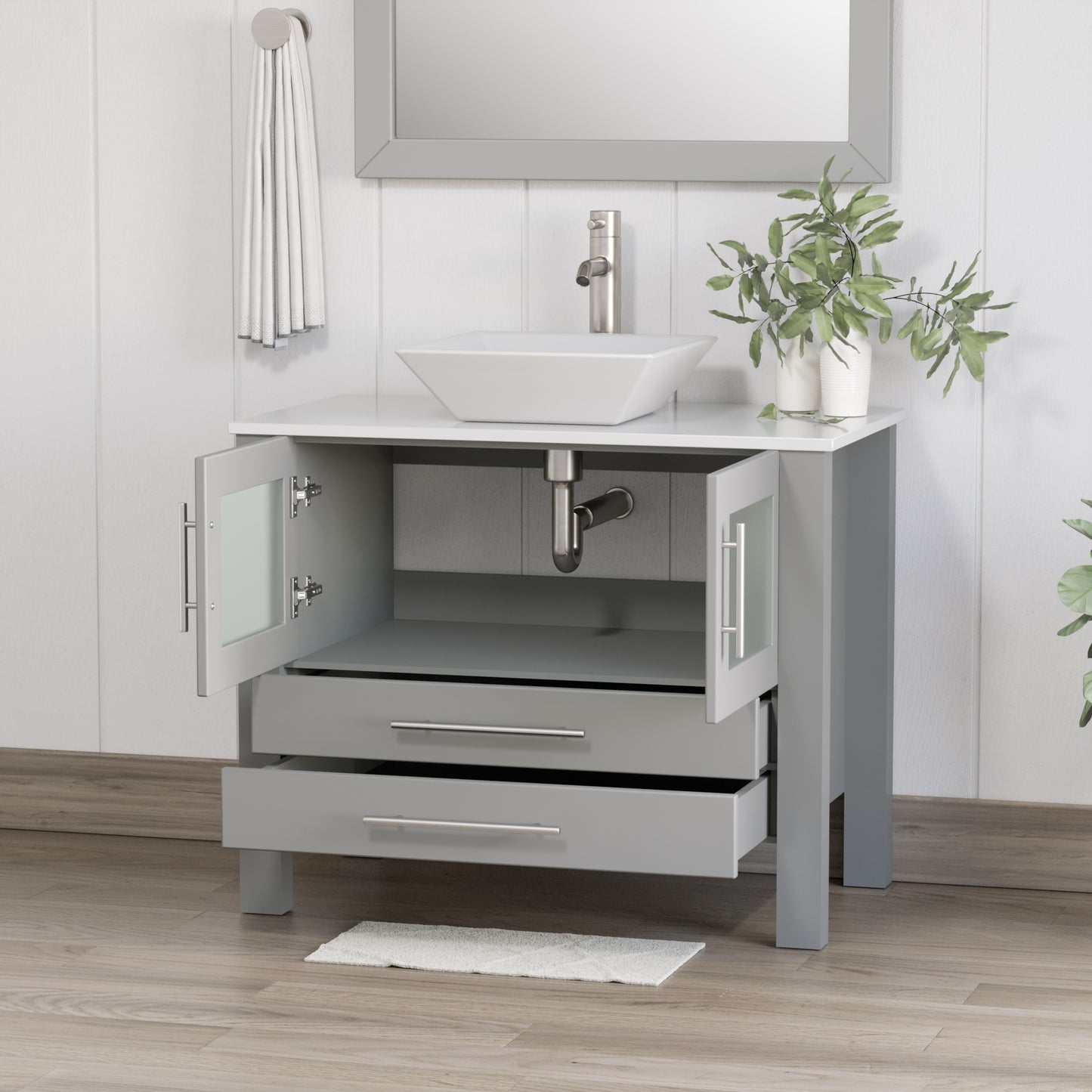 Complete 36" Gray Vanity Set with Brushed Nickel Plumbing
