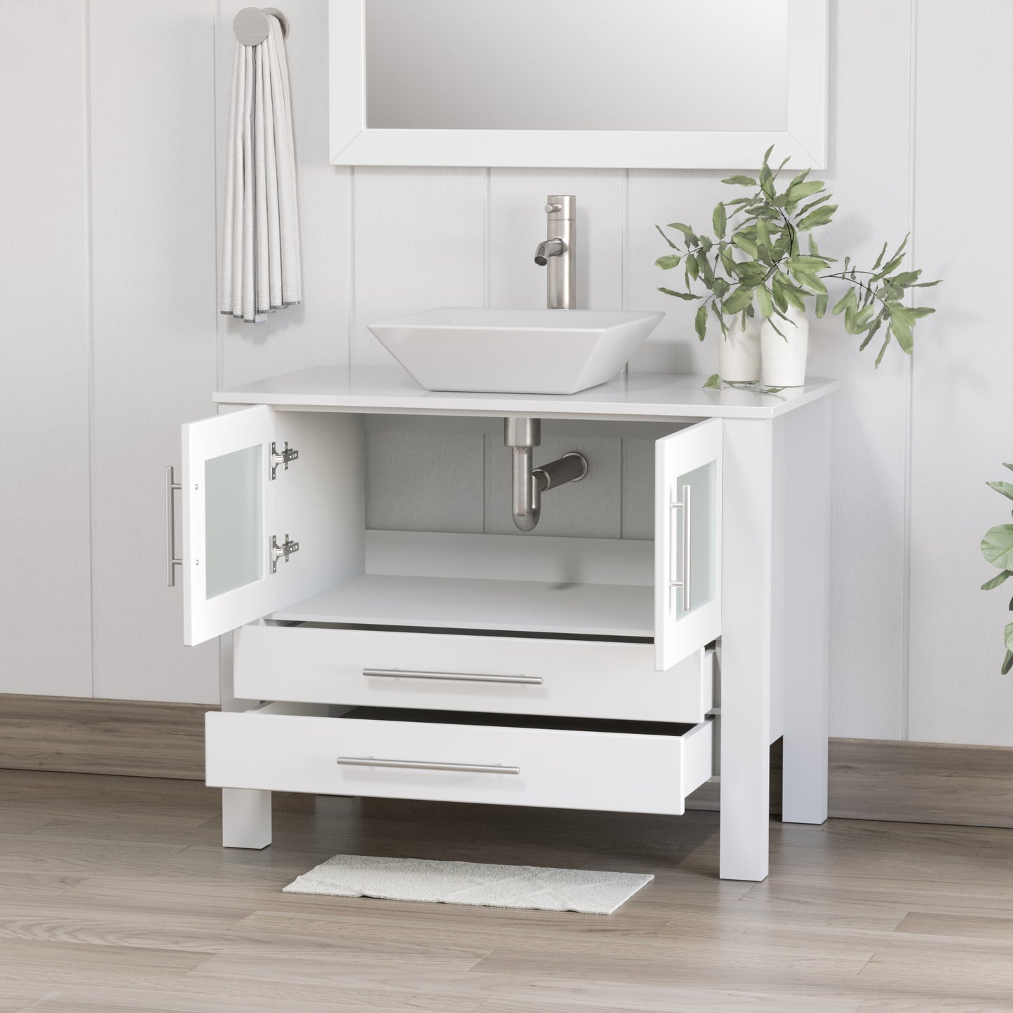 Complete 36 inch Solid Wood Vanity Set with Brushed Nickel Plumbing