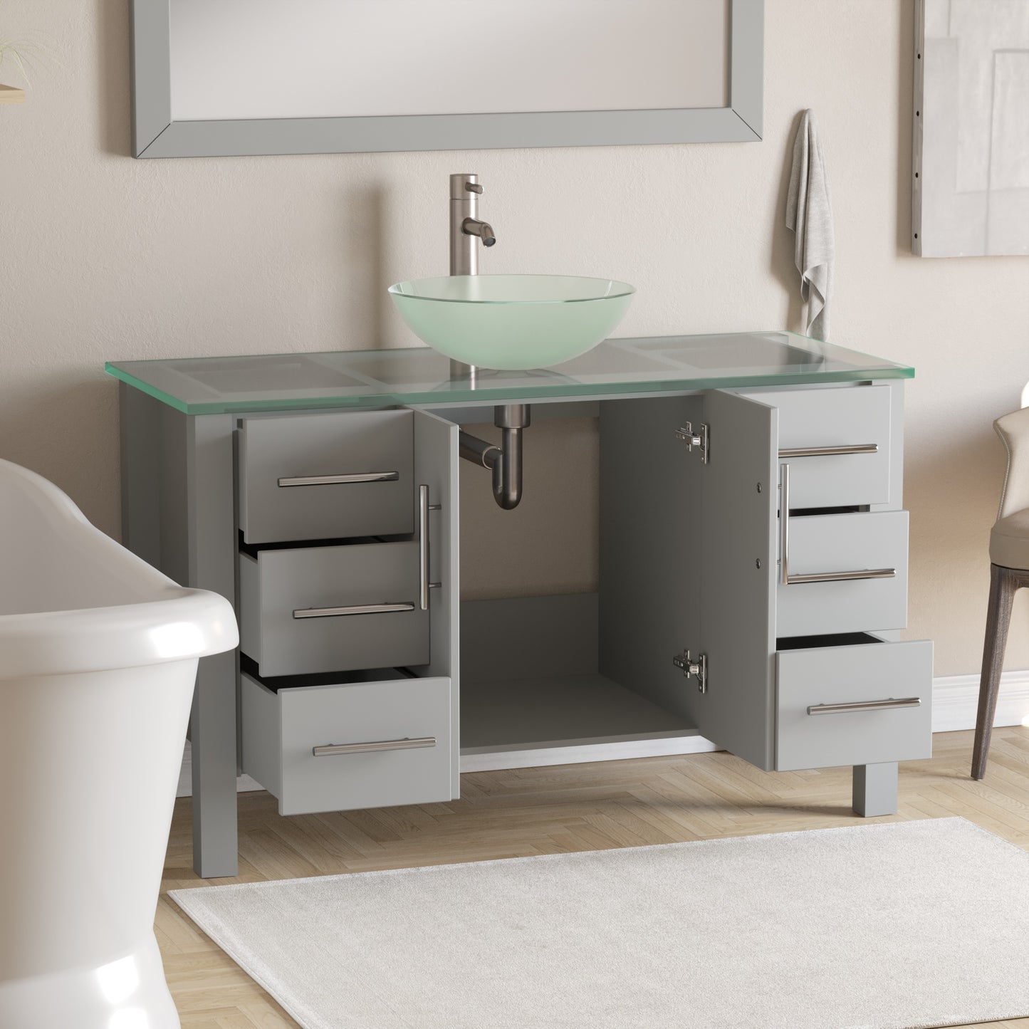 Complete 48" Gray Vanity Set with Brushed Nickel Plumbing