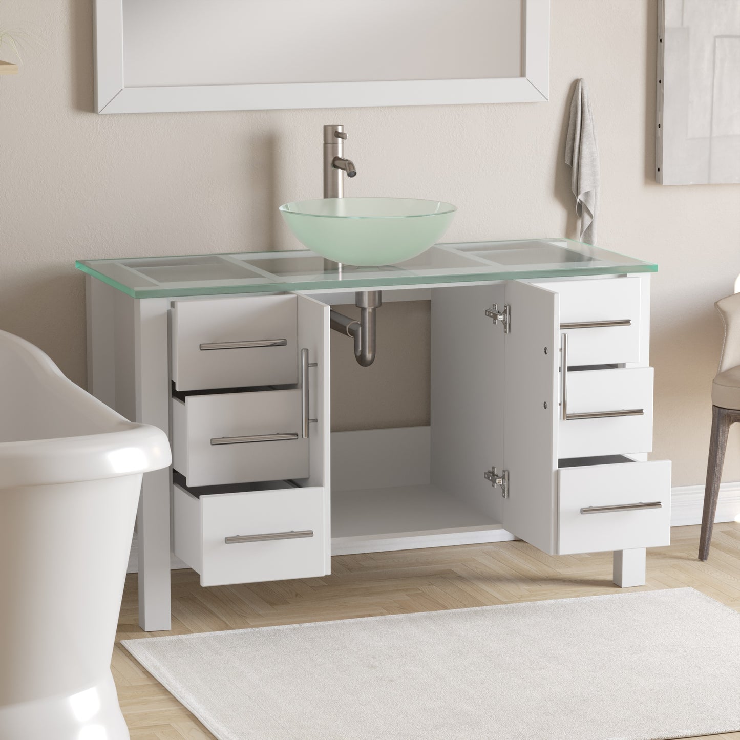 Complete 48" White Vanity Set with Brushed Nickel Plumbing