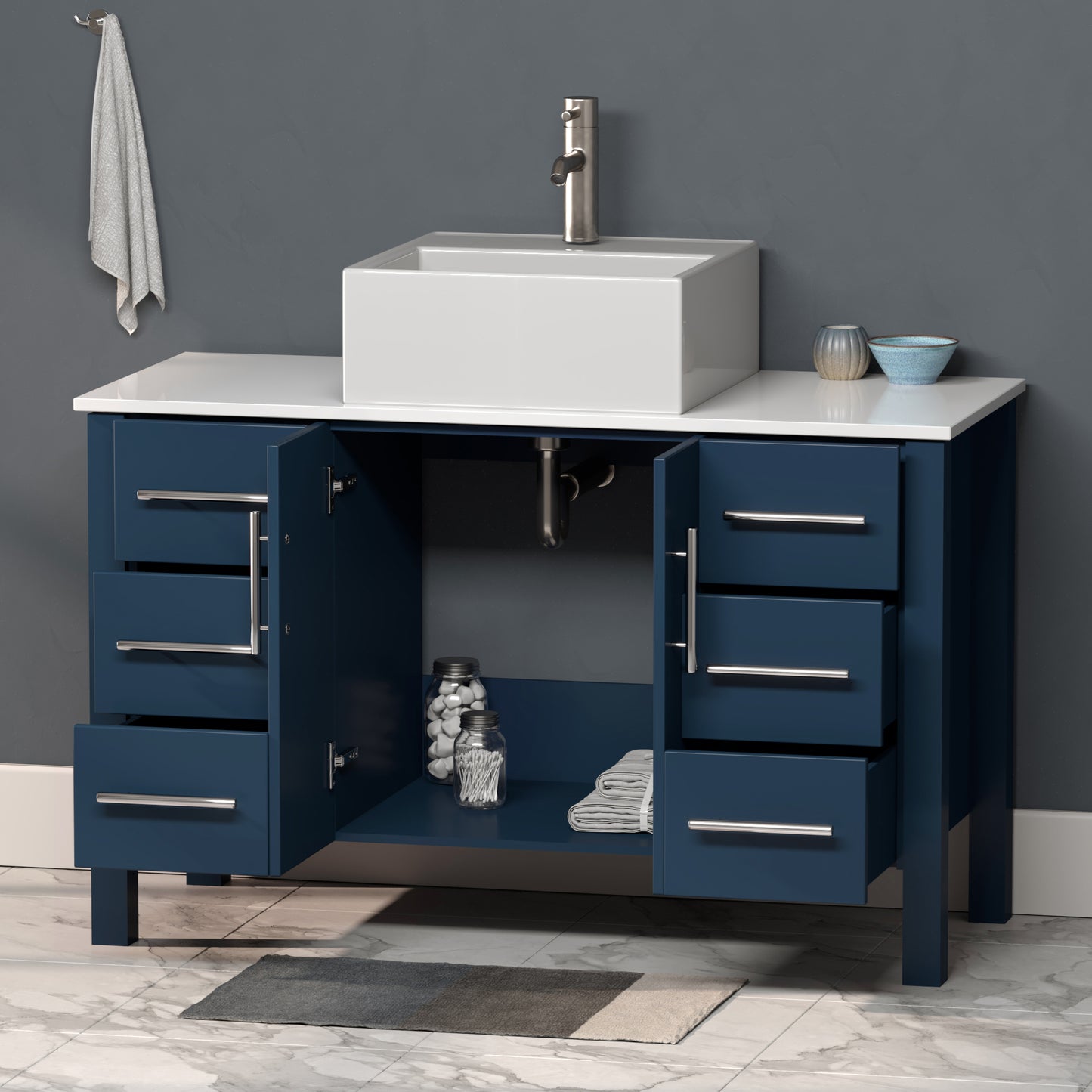 48 Inch Modern Wood and Porcelain Vanity with Brushed Nickel Plumbing