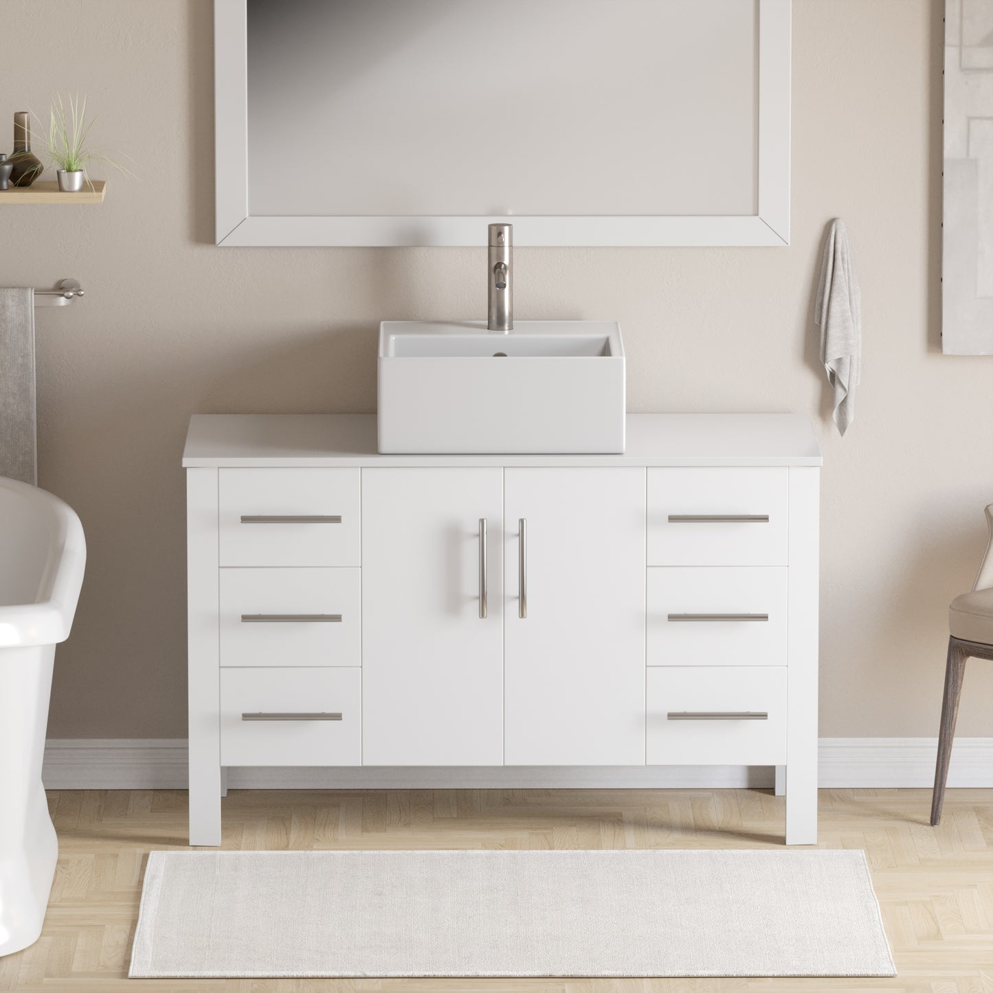 Complete 48" White Vanity Set with Brushed Nickel Plumbing
