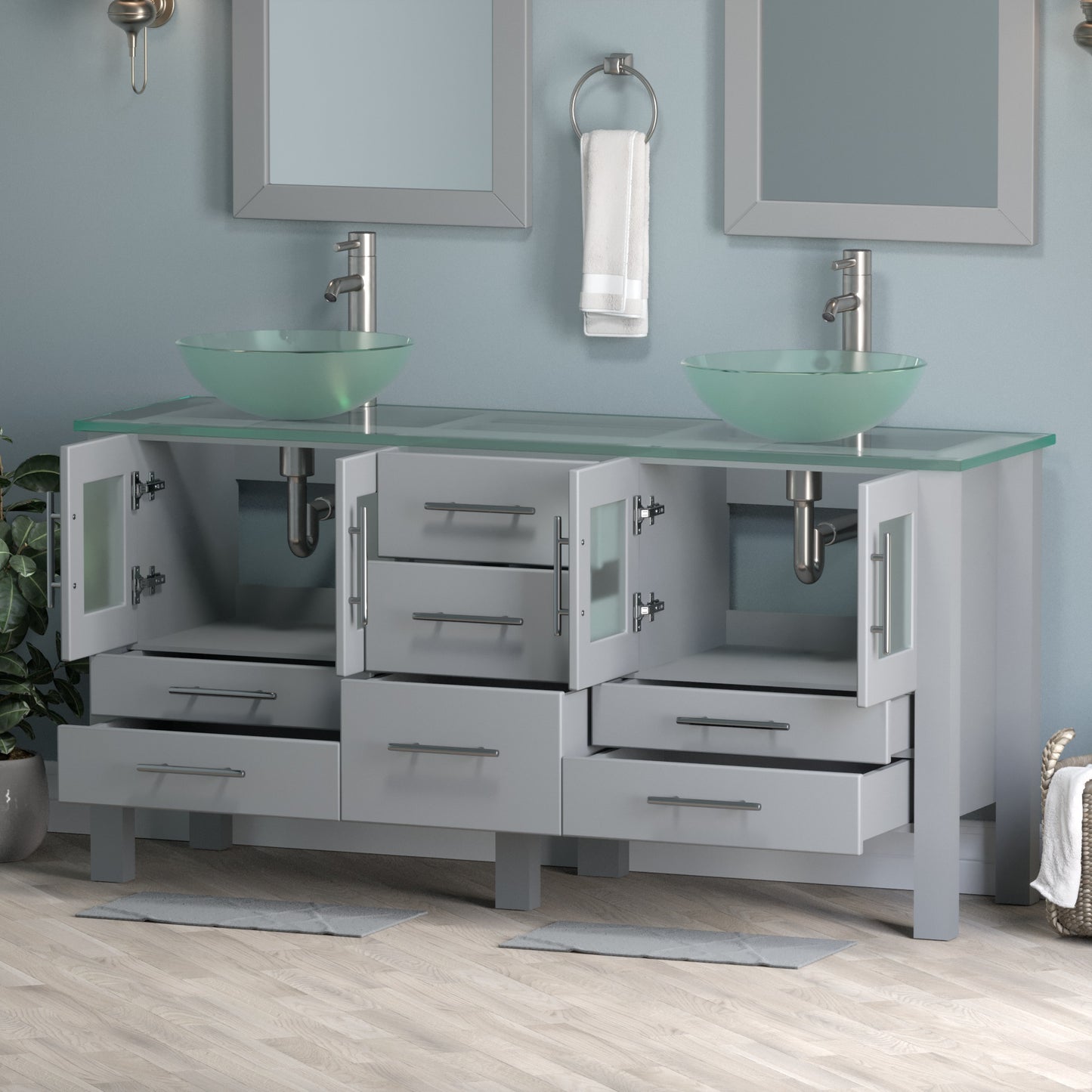 Complete 63" Vanity Set with Brushed Nickel Plumbing