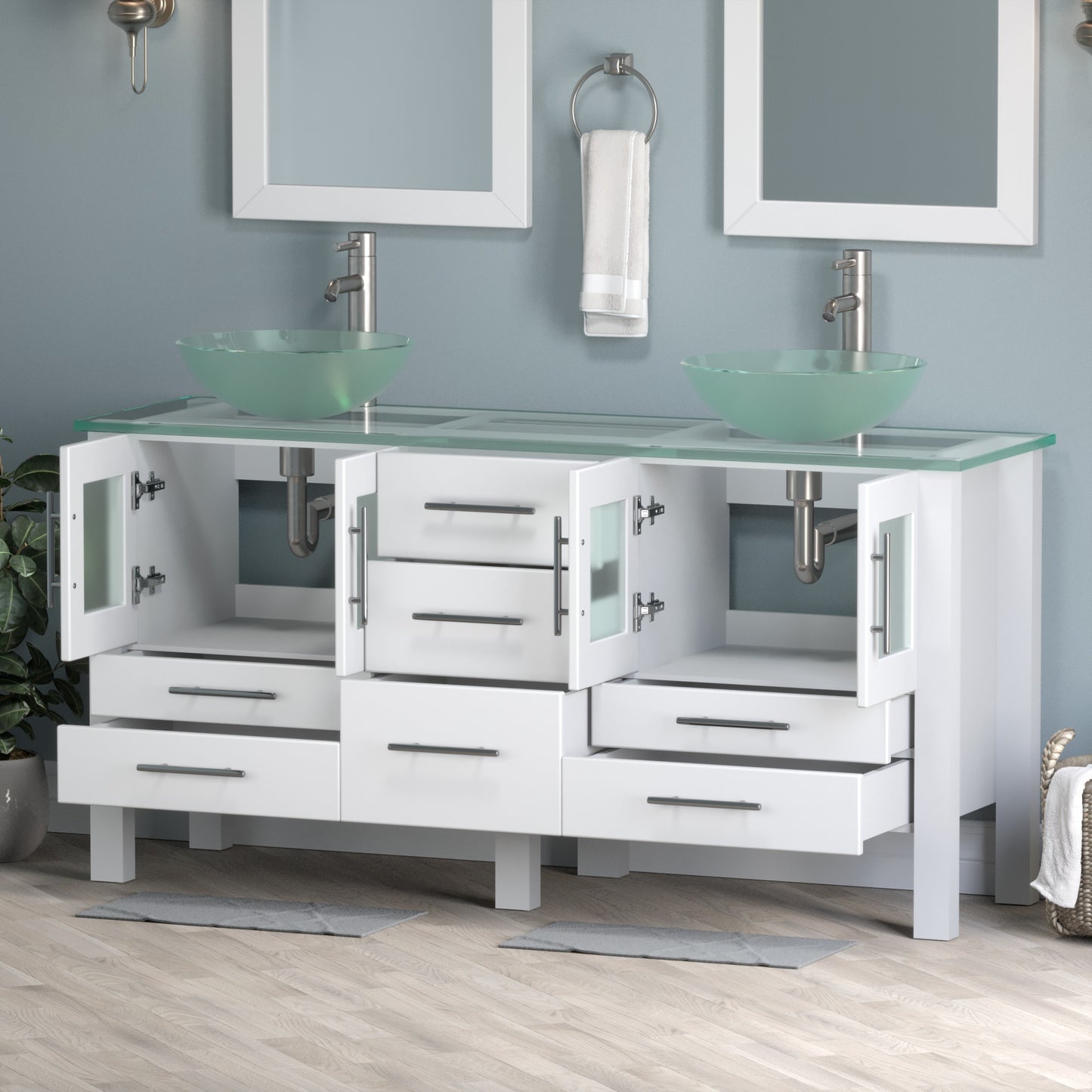 Complete 63" Vanity Set with Brushed Nickel Plumbing