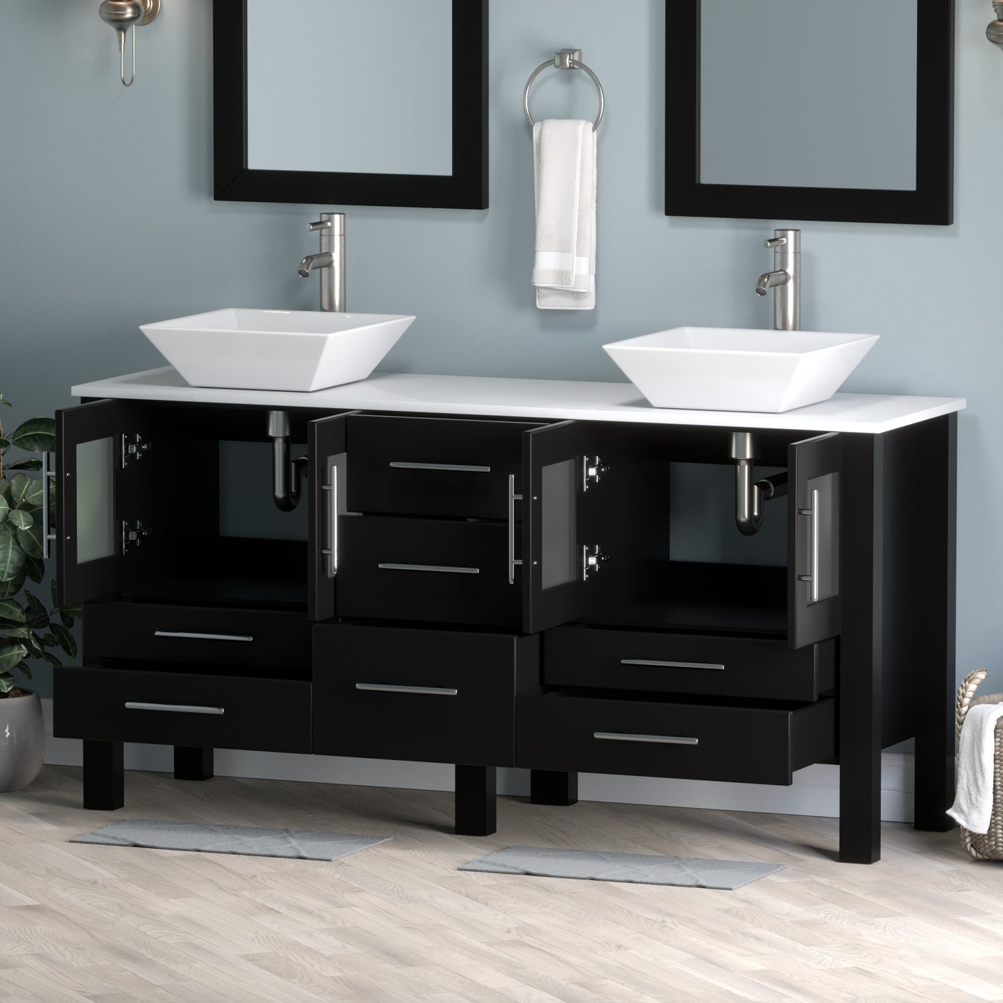 Complete 63" Vanity Set with Brushed Nickel Plumbing