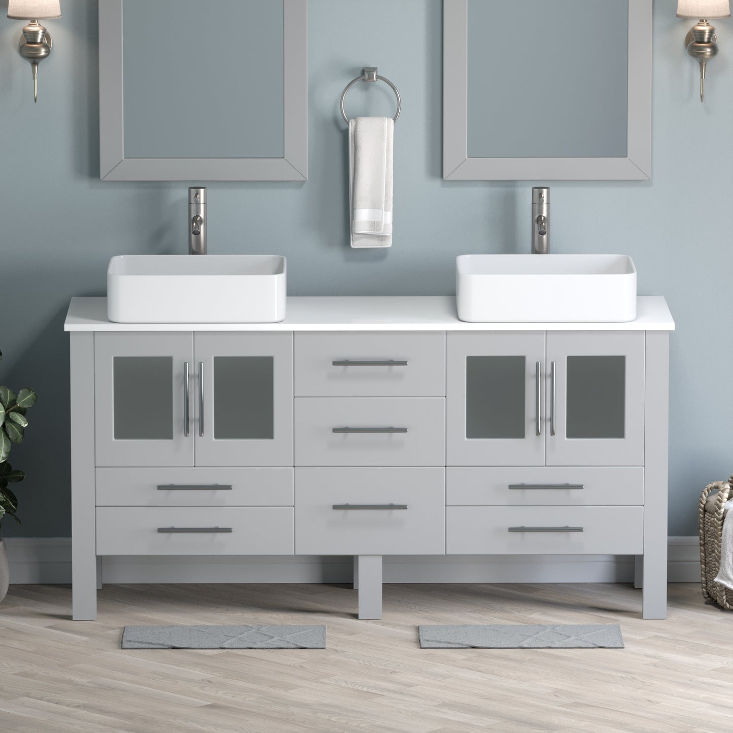 Complete 63" Gray Vanity Set with Brushed Nickel Plumbing