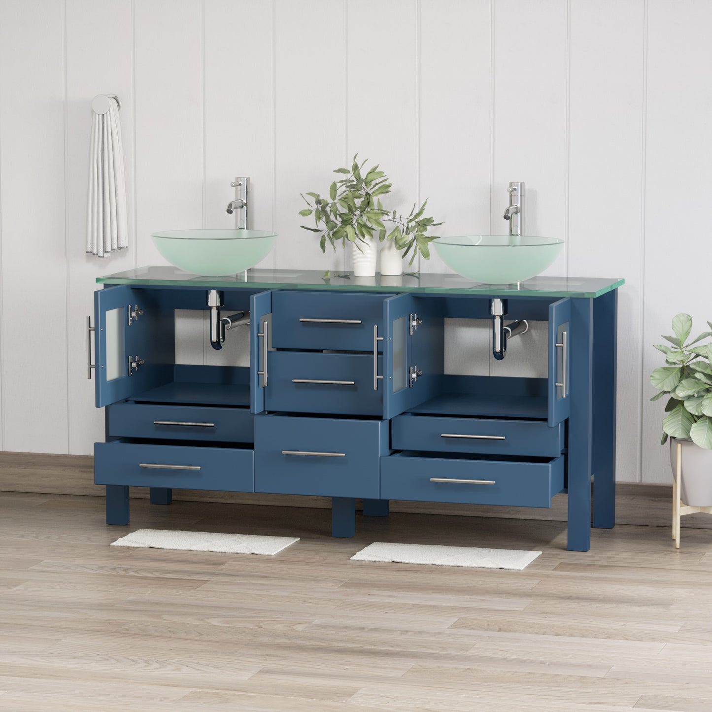 63 Inch Modern Wood and Glass Vanity with Polished Chrome Plumbing