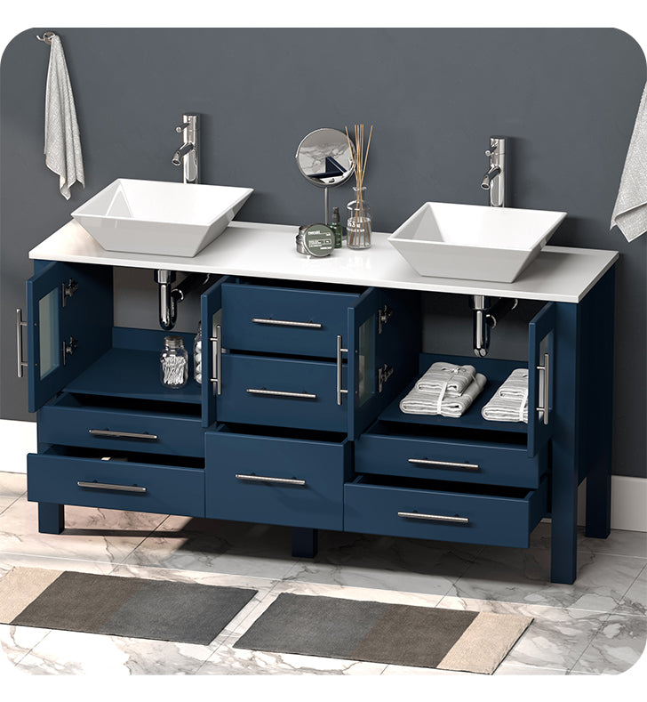 63 Inch Modern Wood and Porcelain Vanity with Polished Chrome Plumbing