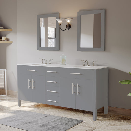 72 Inch Gray Solid Wood and Porcelain Double Vanity Set