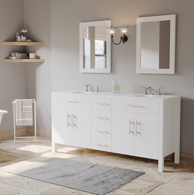 72 Inch White Solid Wood and Porcelain Double Vanity Set