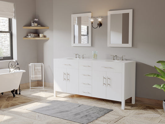 72 Inch White Solid Wood and Porcelain Double Vanity Set