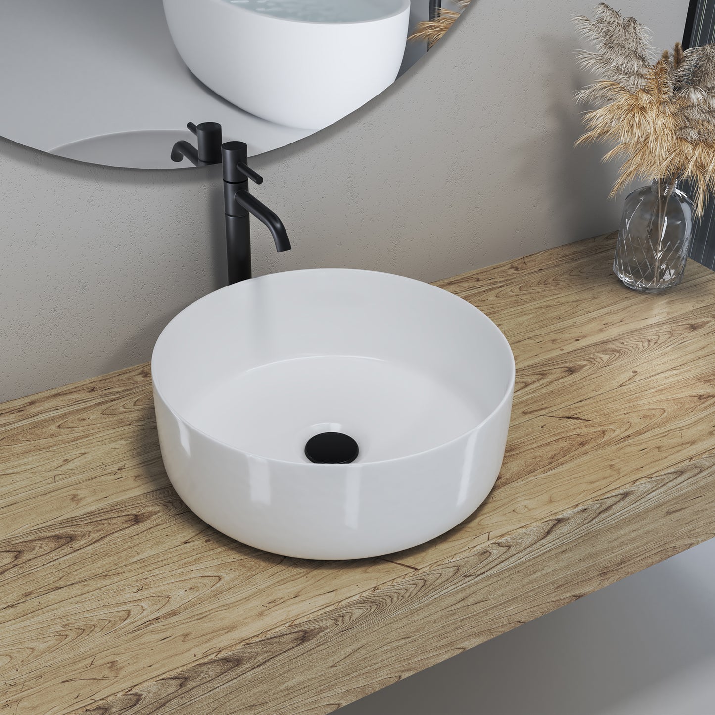 Sabine 14 in. Round White Finish Ceramic Vessel Bathroom Vanity Sink