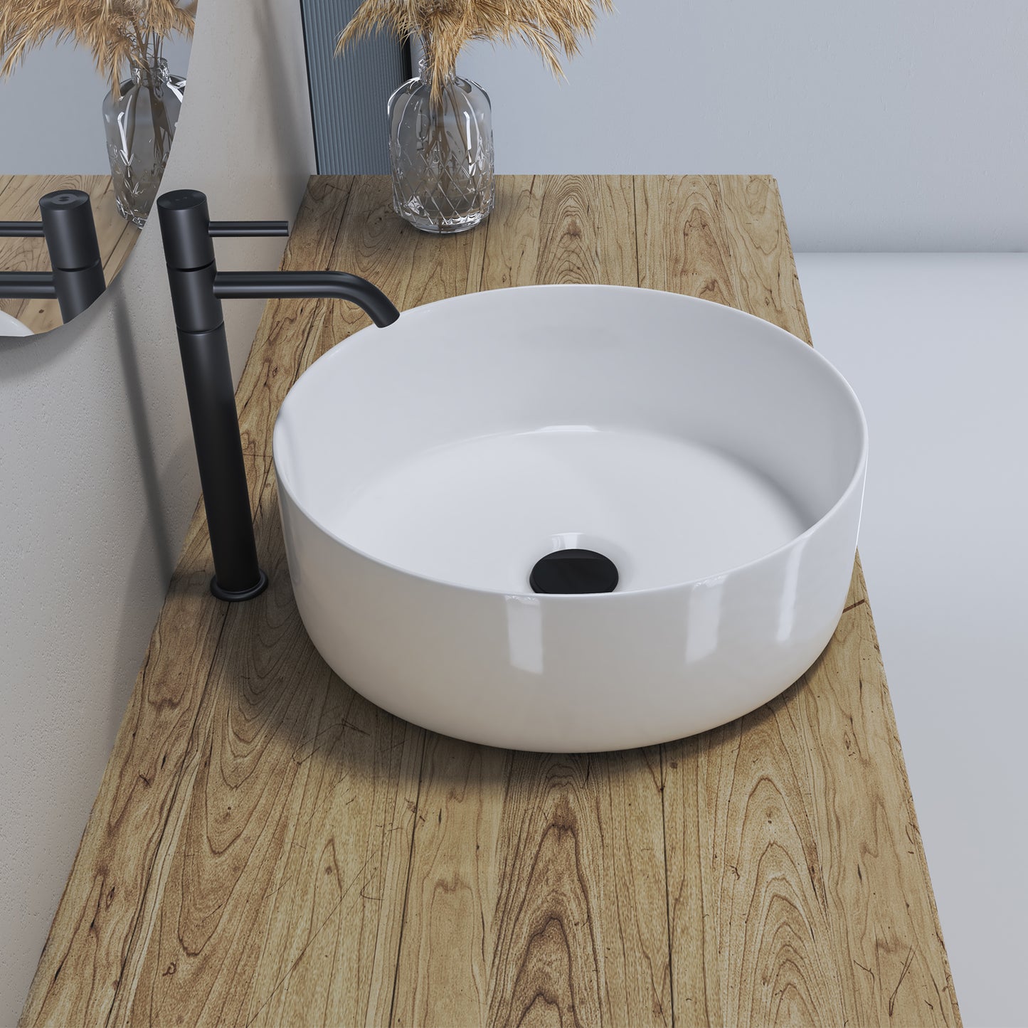 Sabine 14 in. Round White Finish Ceramic Vessel Bathroom Vanity Sink