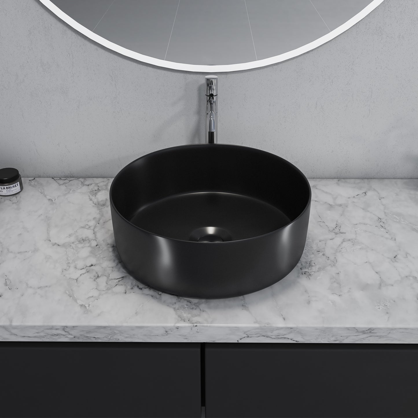 Sabine 14 in. Round Black Finish Ceramic Vessel Bathroom Vanity Sink