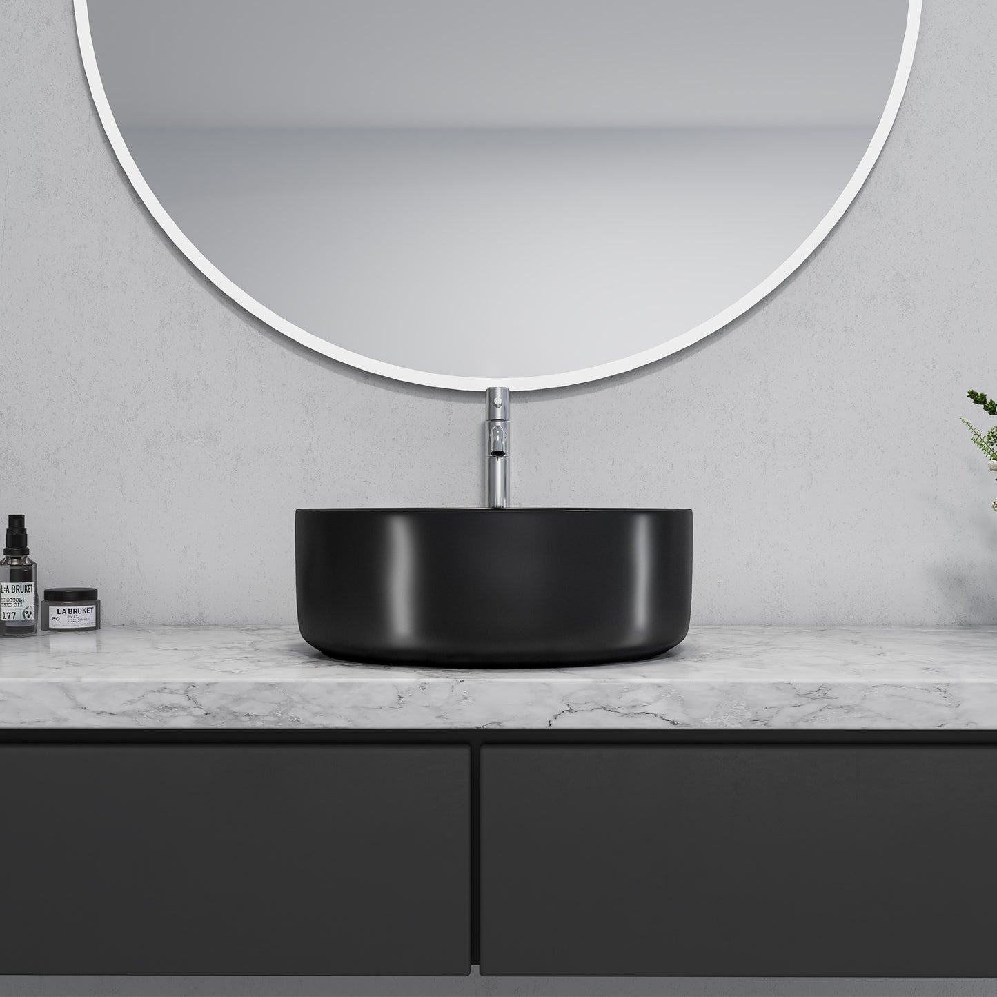 Sabine 14 in. Round Black Finish Ceramic Vessel Bathroom Vanity Sink