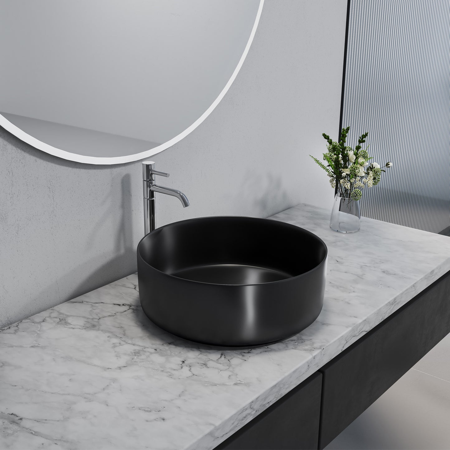 Sabine 14 in. Round Black Finish Ceramic Vessel Bathroom Vanity Sink