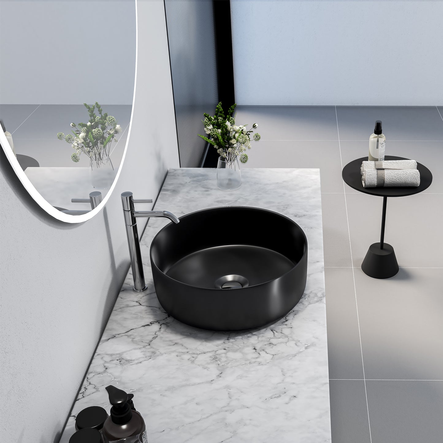 Sabine 14 in. Round Black Finish Ceramic Vessel Bathroom Vanity Sink