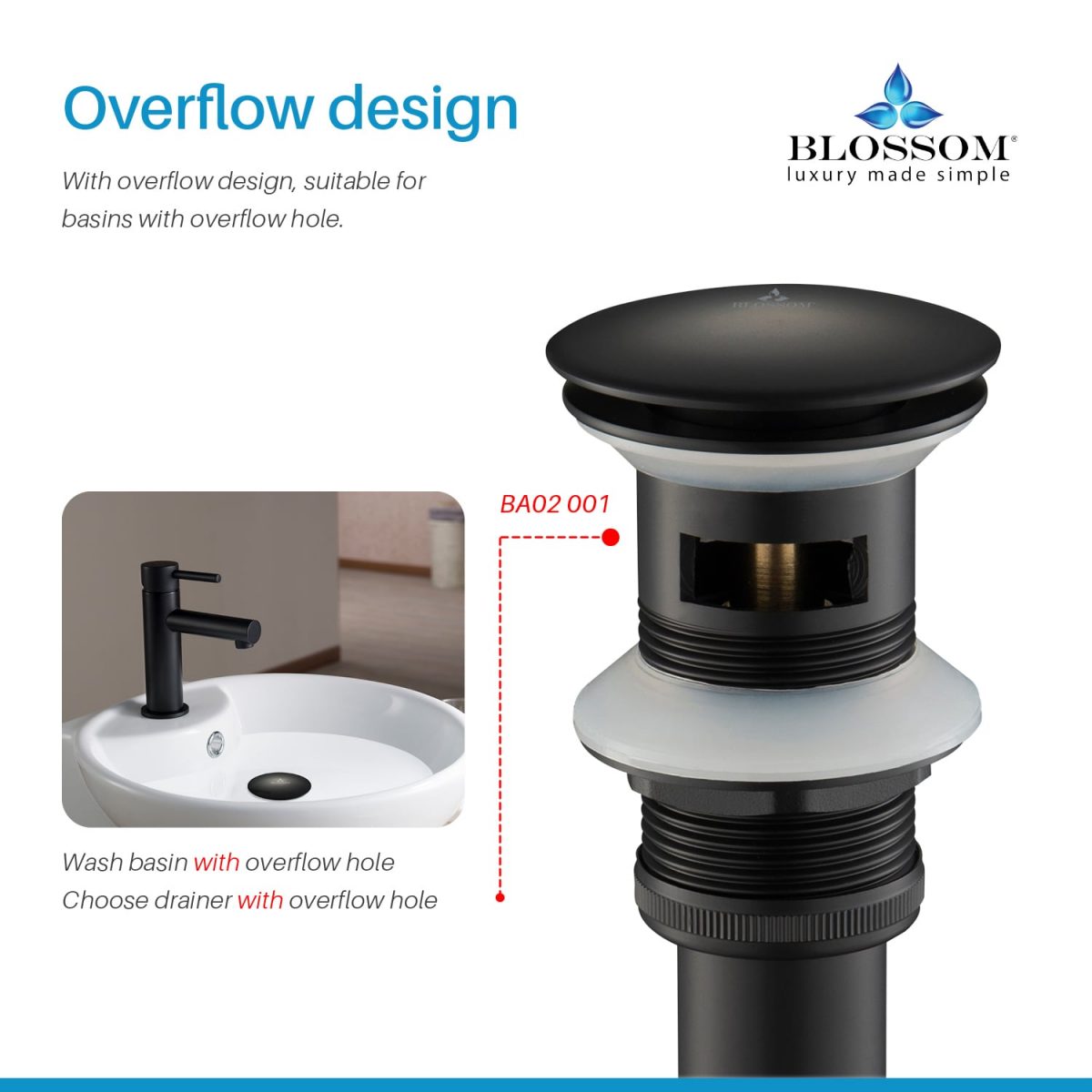 1-1/4” Brass Pop-up with Overflow – Matte Black BA02 001 04