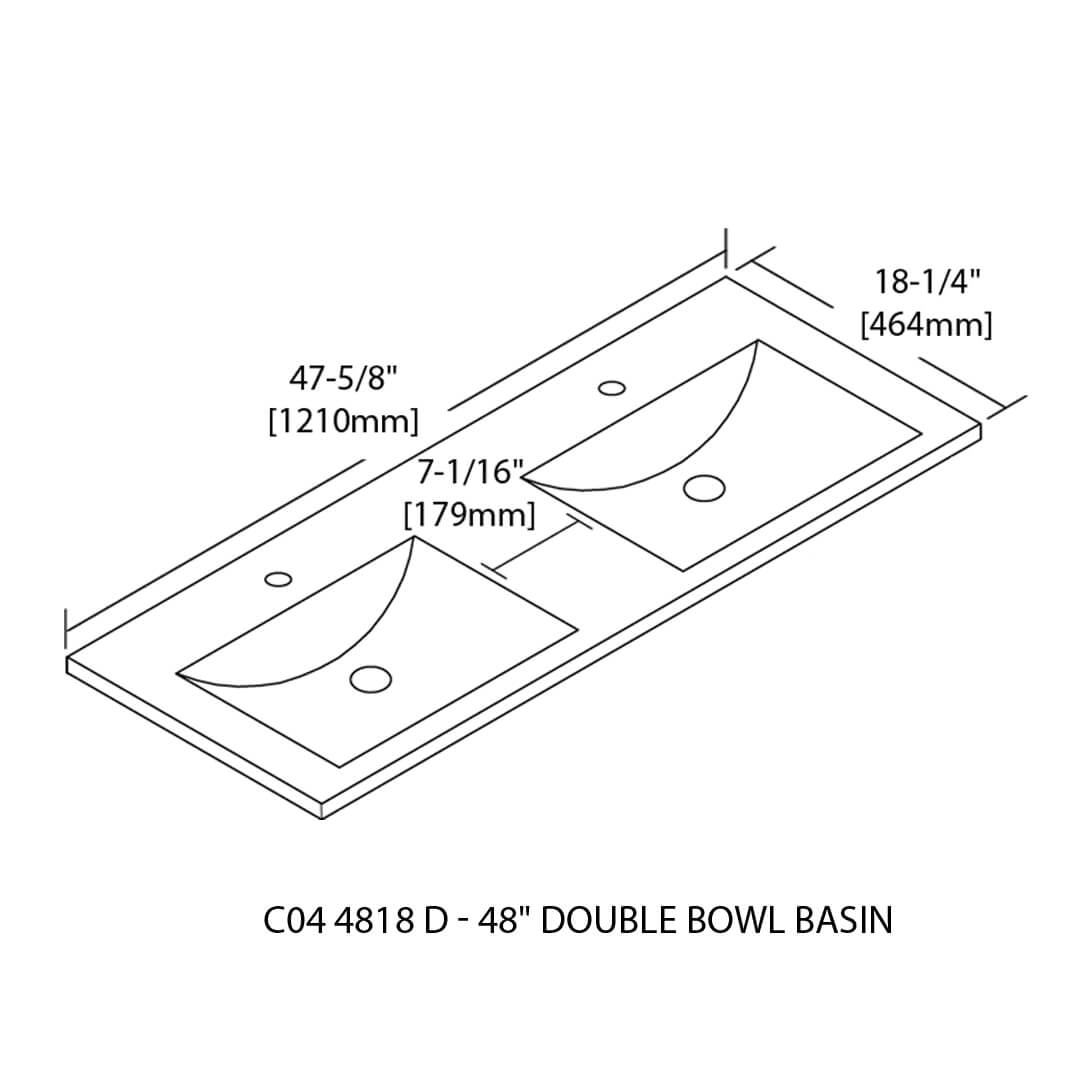 Ceramic Basin 48″ X 18″ Top-Mount Rectangular Double Three holes – 8” Spread – C04 4818 DTH