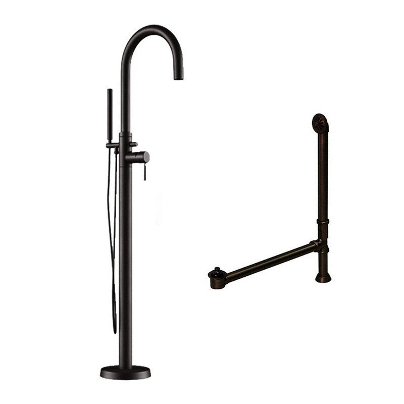 Complete Plumbing Package for Free Standing Tubs With No Faucet Holes. Modern Gooseneck Style Faucet With Hand Held Wand Shower and Supply Lines plus Drain and Overflow Assembly. Oil Rubbed Bronze Finish.