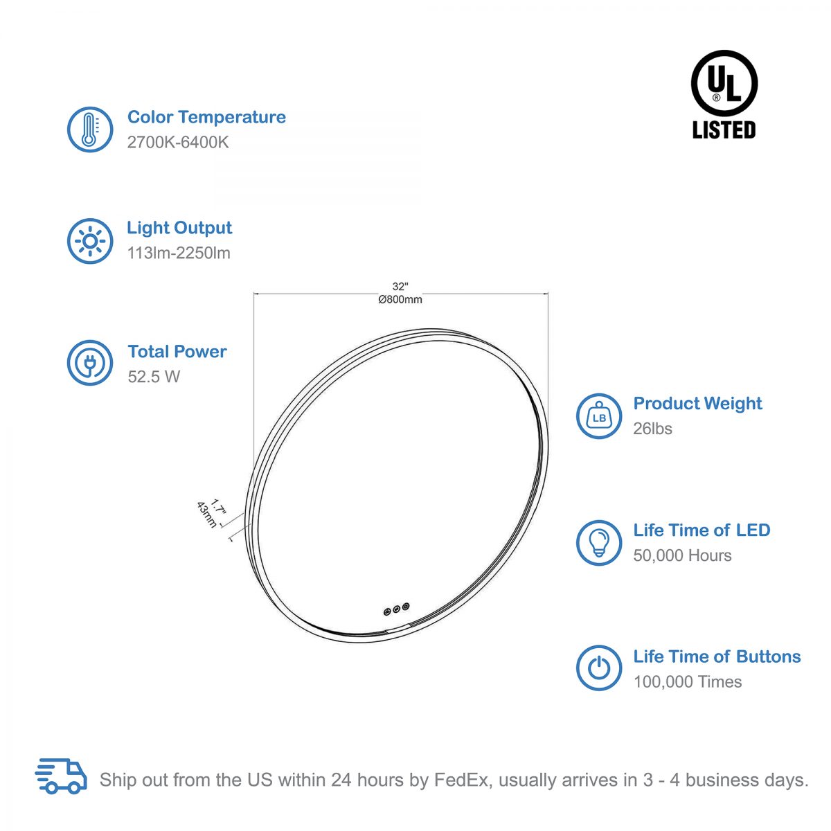 Oskar 32 Inch Round LED Mirror