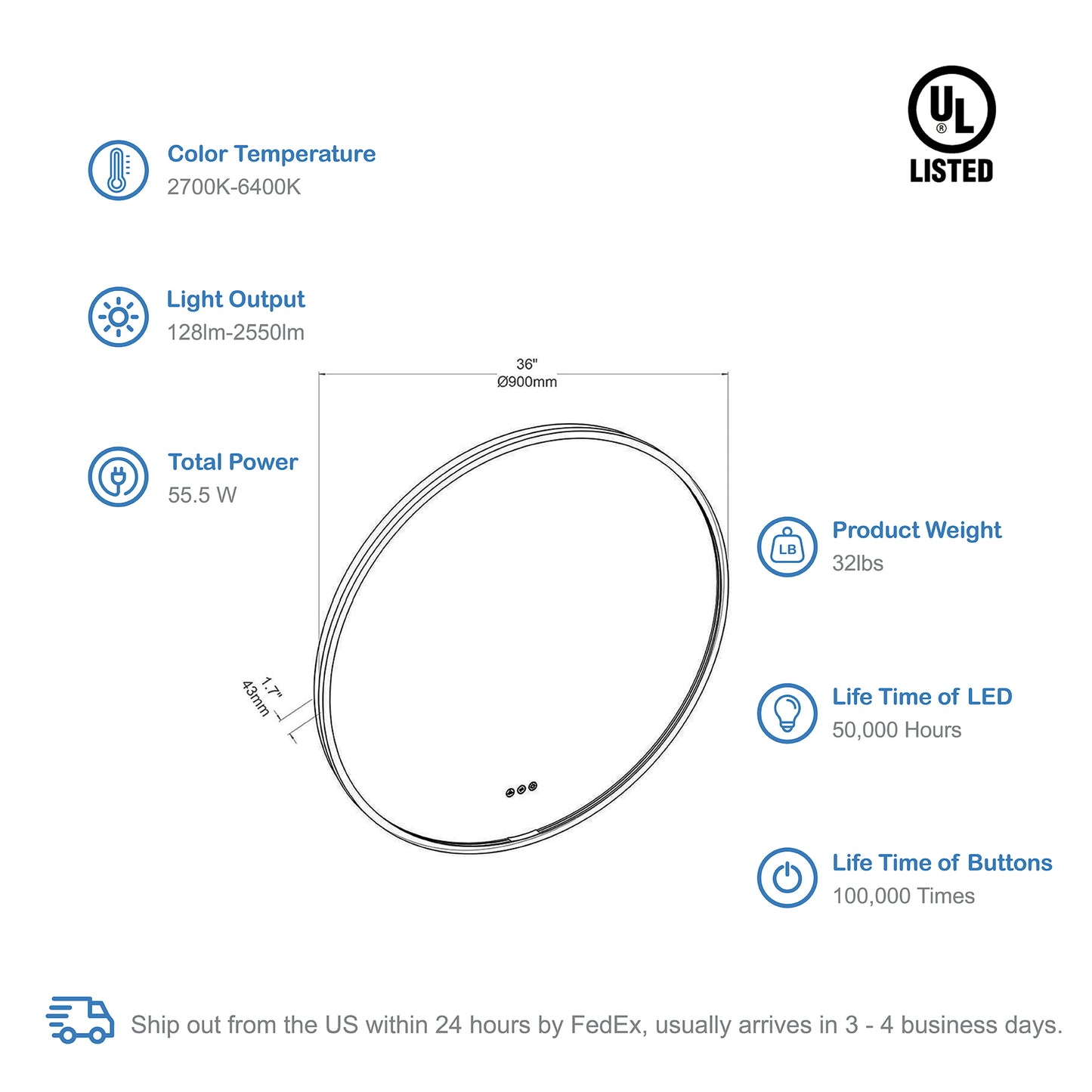 Oskar 36 Inch Round LED Mirror