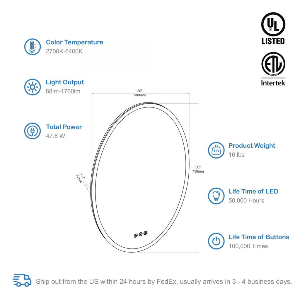 Oval 20 Inch Oval LED Mirror
