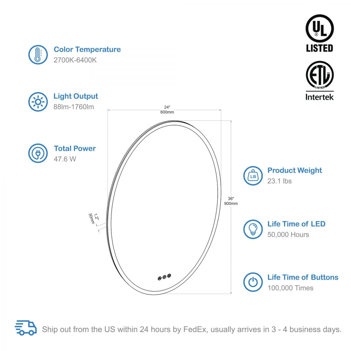 Oval 24 Inch Oval LED Mirror