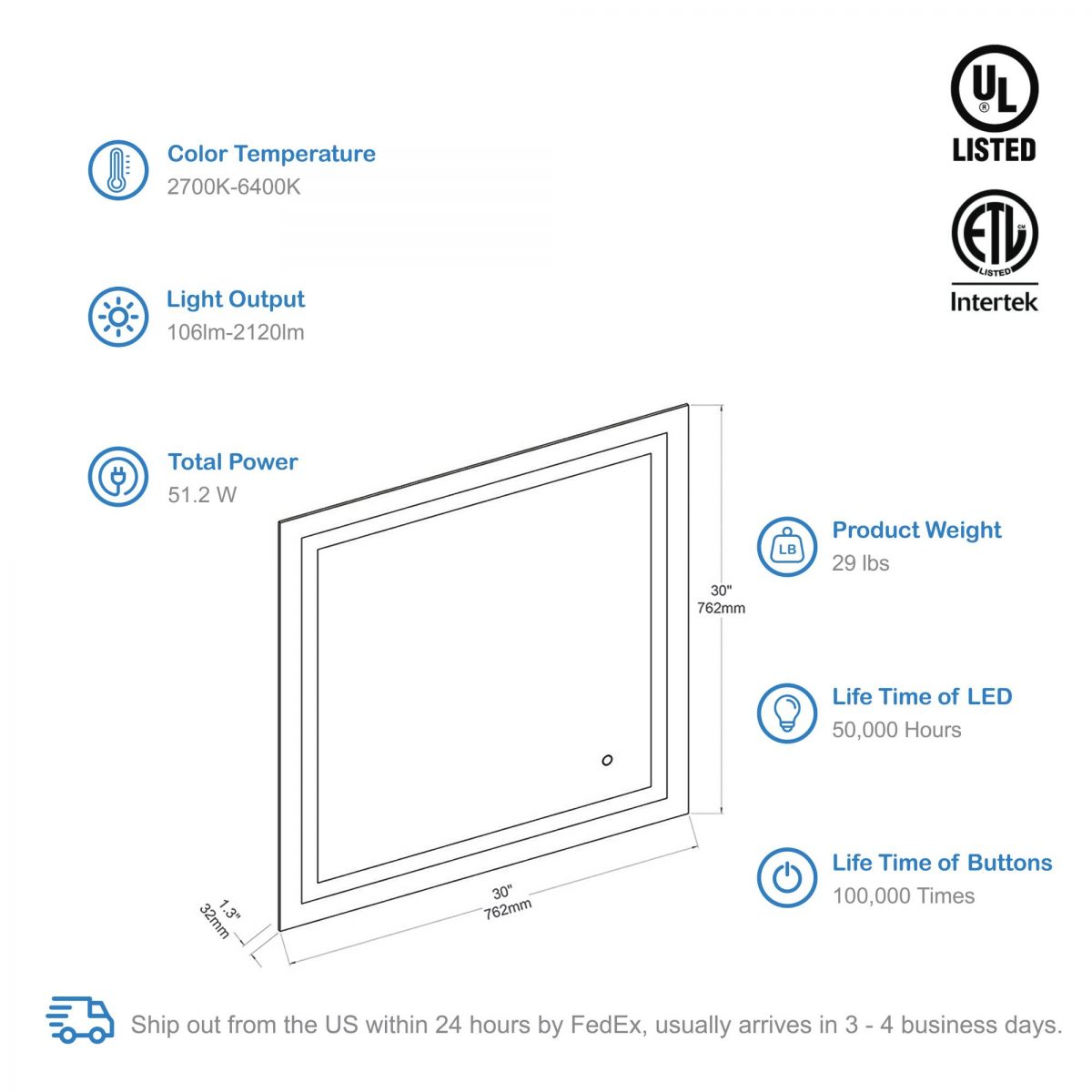 Lyra 30 x 30 Inch LED Mirror