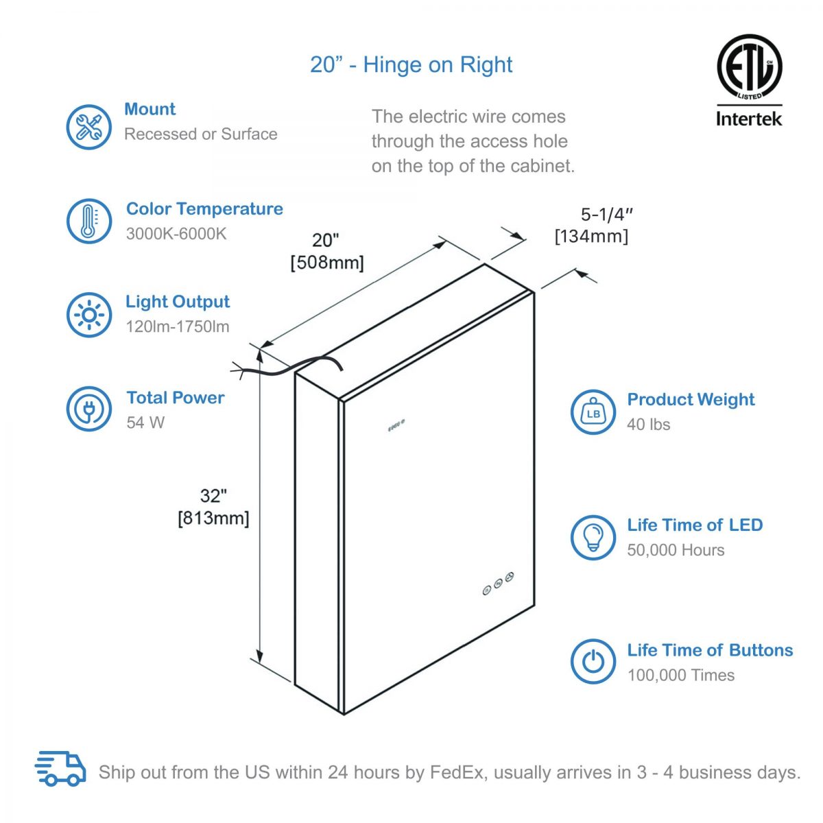 Sirius – 20 Inches LED Medicine Cabinet with Clock