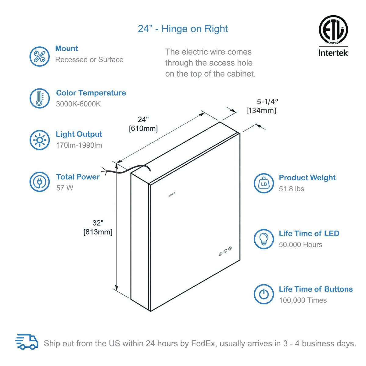 Sirius – 24 Inches LED Medicine Cabinet with Clock