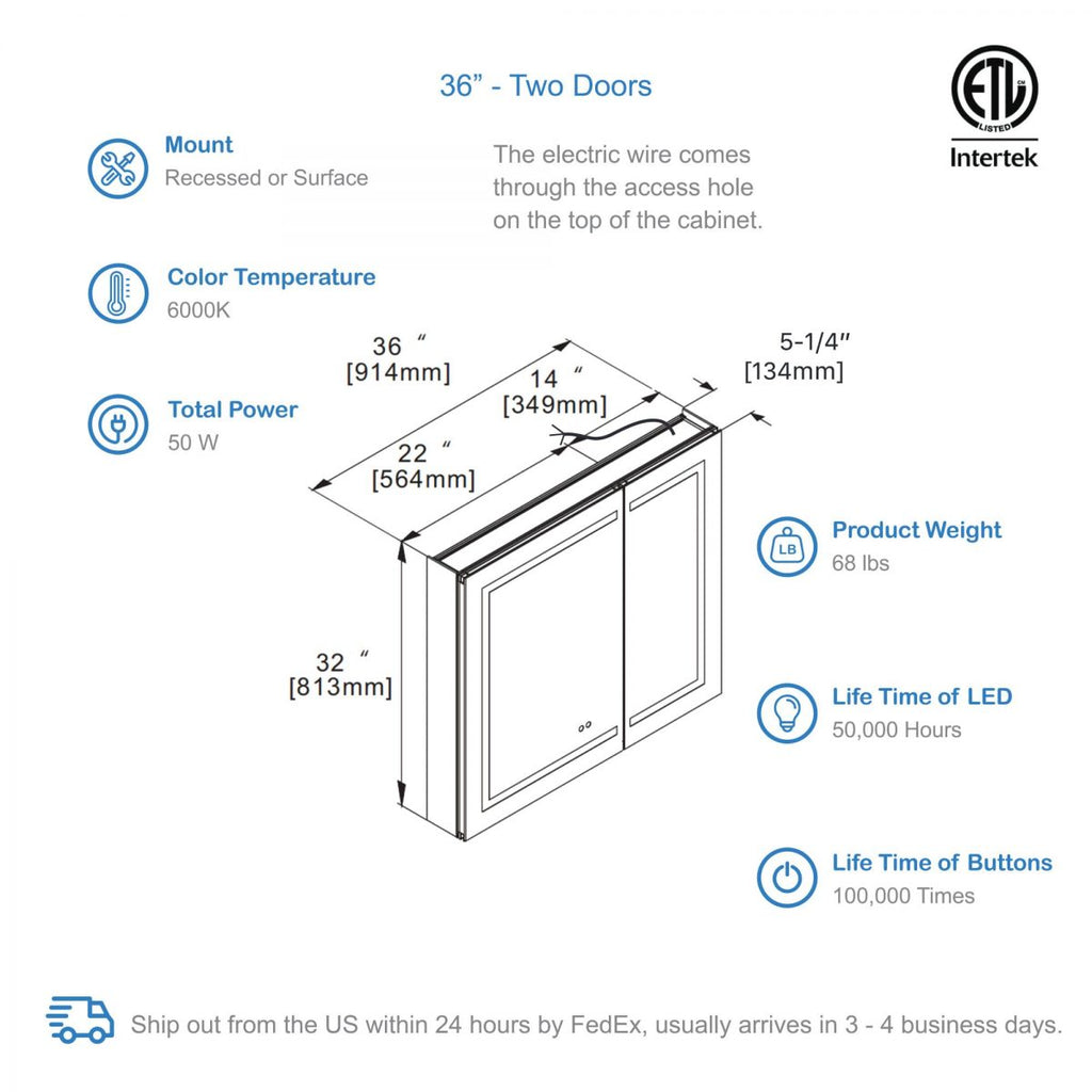 Vega – 36 Inches LED Medicine Cabinet