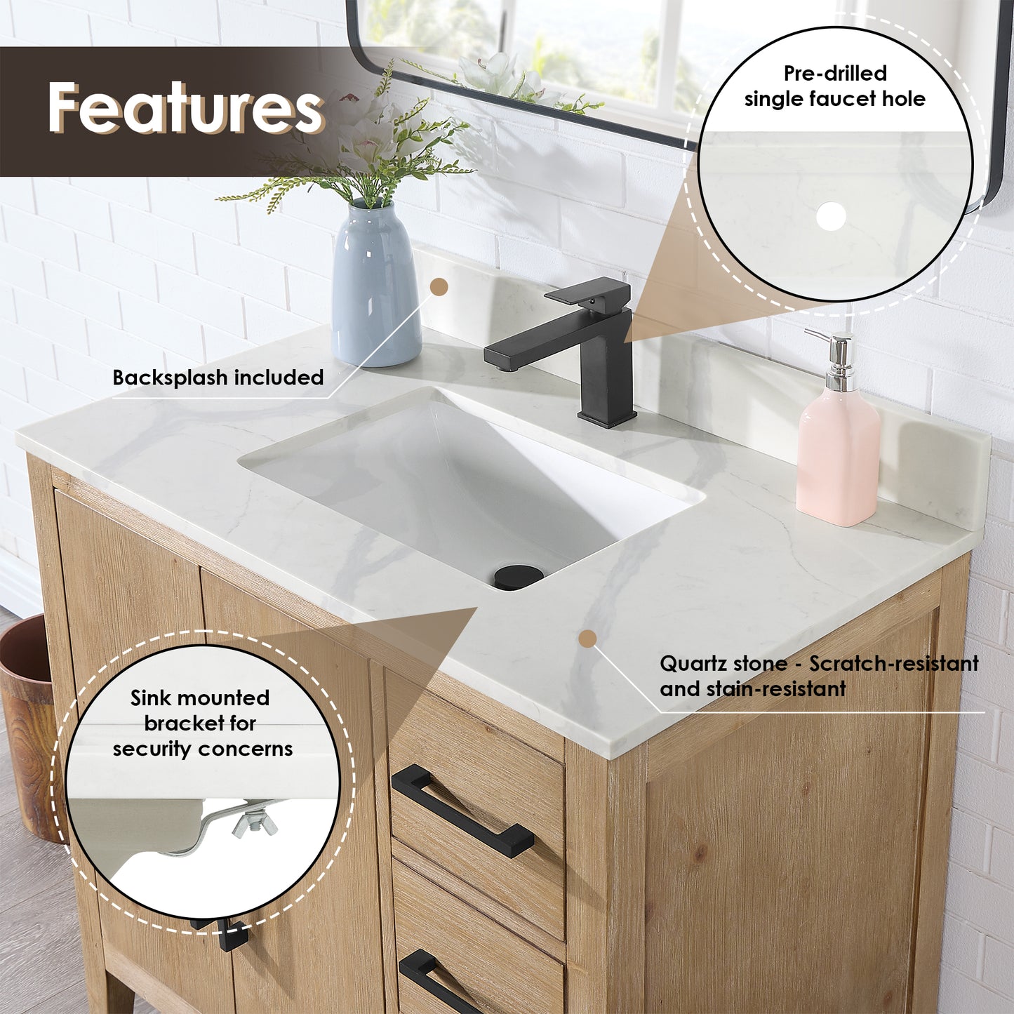 Arbios Inch Quartz Stone Vanity Top in Calacatta White With White sink, 1 Hole