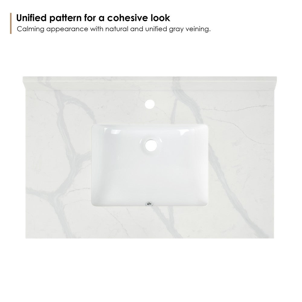 Arbios Inch Quartz Stone Vanity Top in Calacatta White With White sink, 1 Hole
