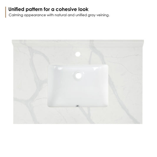 Arbios Inch Quartz Stone Vanity Top in Calacatta White With White sink, 1 Hole