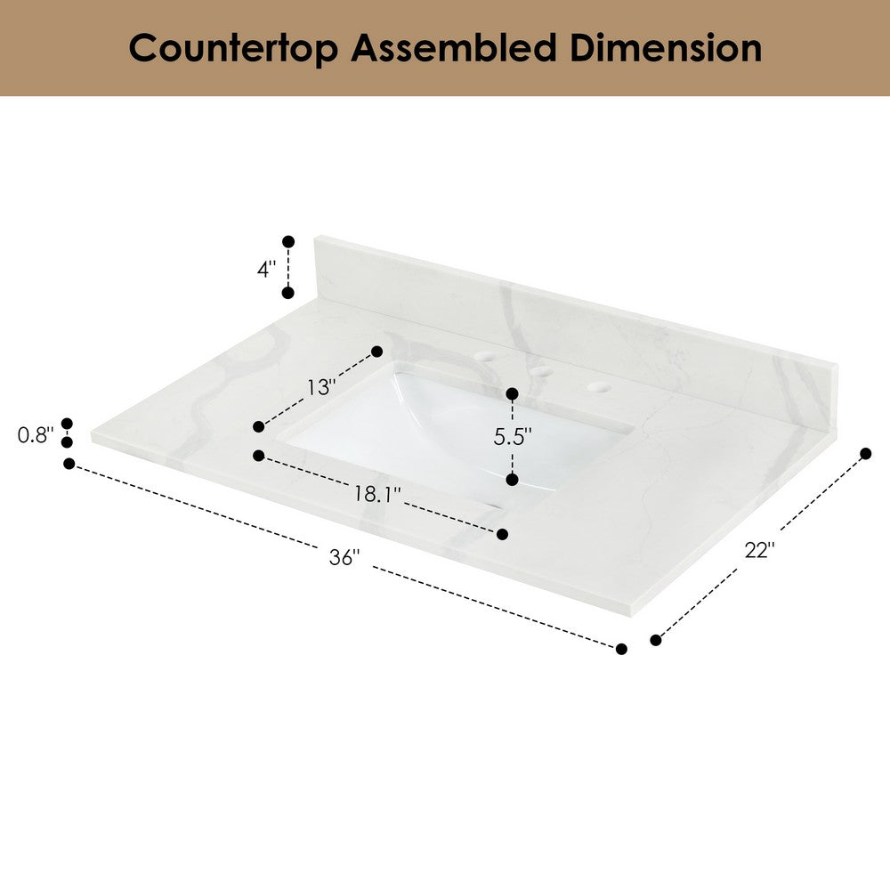 Arbios Inch Quartz Stone Vanity Top in Calacatta White With White sink, 1 Hole