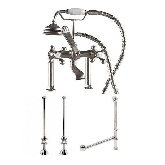 Complete Plumbing Package for Deck Mount Claw Foot Tub. Classic Telephone Style Faucet With 6 Inch Deck Risers, Supply Lines With Shut Off valves, Drain Assembly. Brushed Nickel.