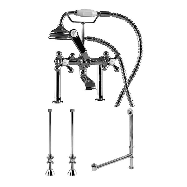 Complete Plumbing Package for Deck Mount Claw Foot Tub. Classic Telephone Style Faucet With 6 Inch Deck Risers, Supply Lines With Shut Off valves, Drain Assembly. Polished Chrome.