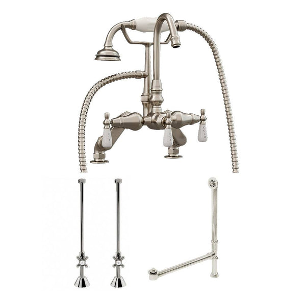 Complete Plumbing Package For Claw Foot Tub. Goosneck Faucet, Supply Lines With Shut Off Valves, Drain and Overflow Assembly. Brushed Nickel Finish